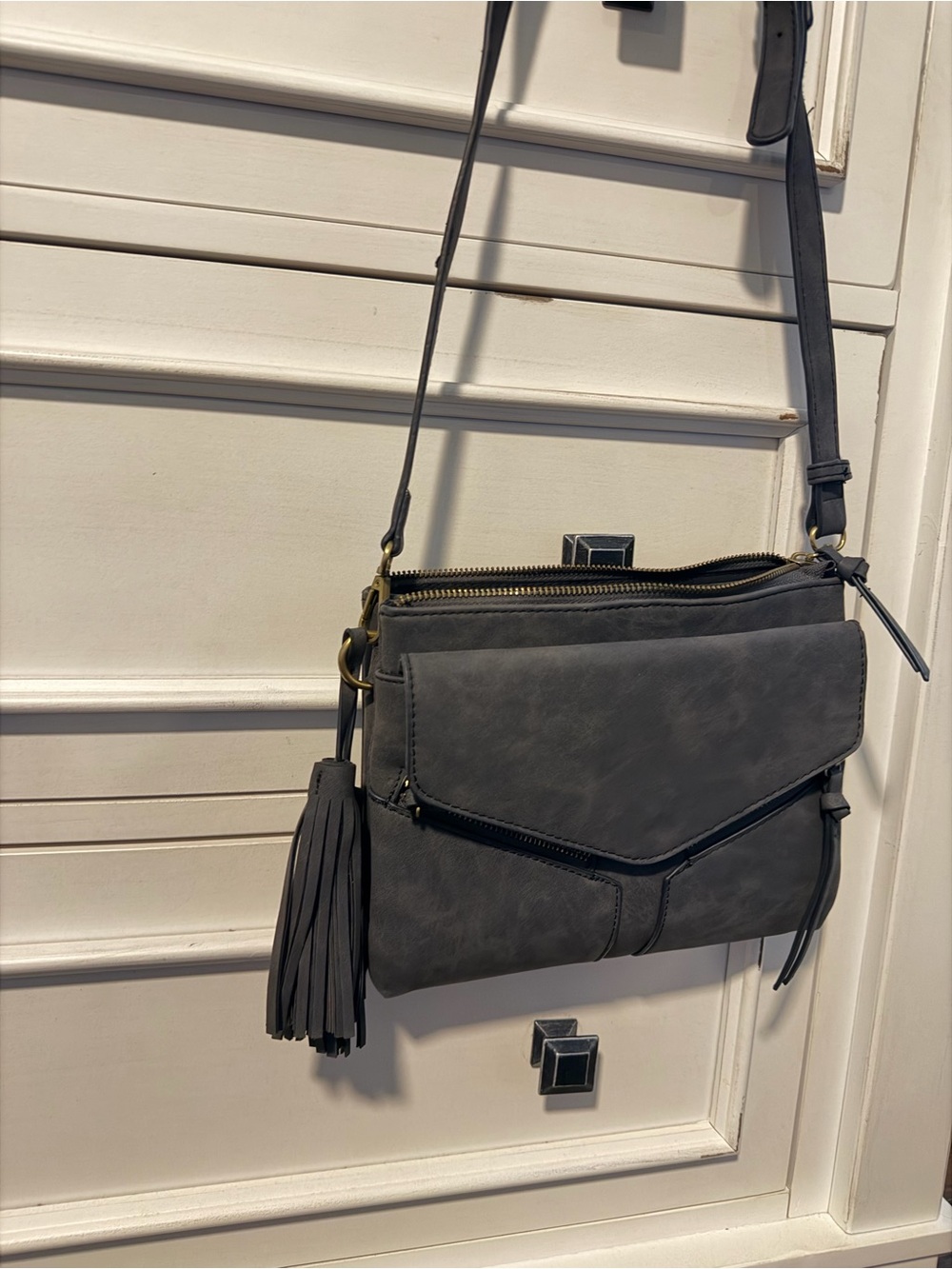 Francescas Gray Leather-Look Crossbody with Tassel
